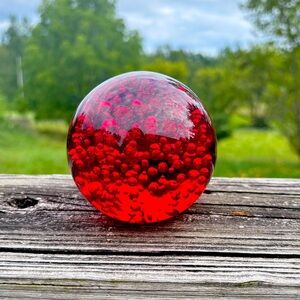 Vintage MCM Red Glass Bubbles Handmade Orb Sphere Paperweight